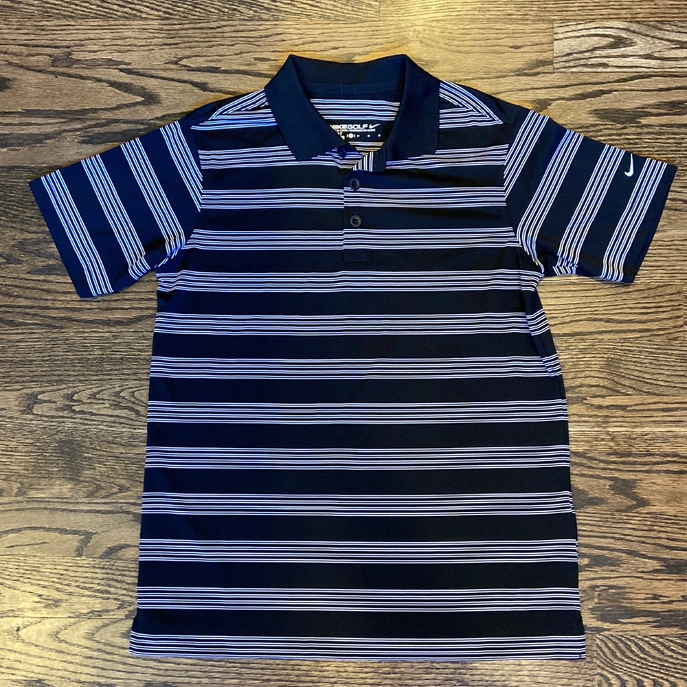 Boys Nike Yth MED DRI-Fit Black/White Stripe Golf Shirt. Perfect condition.